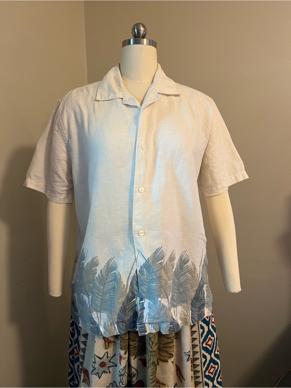 Centro Linen Cotton Palm Print Shirt Mens L White Blue Resort Cabana Y2K